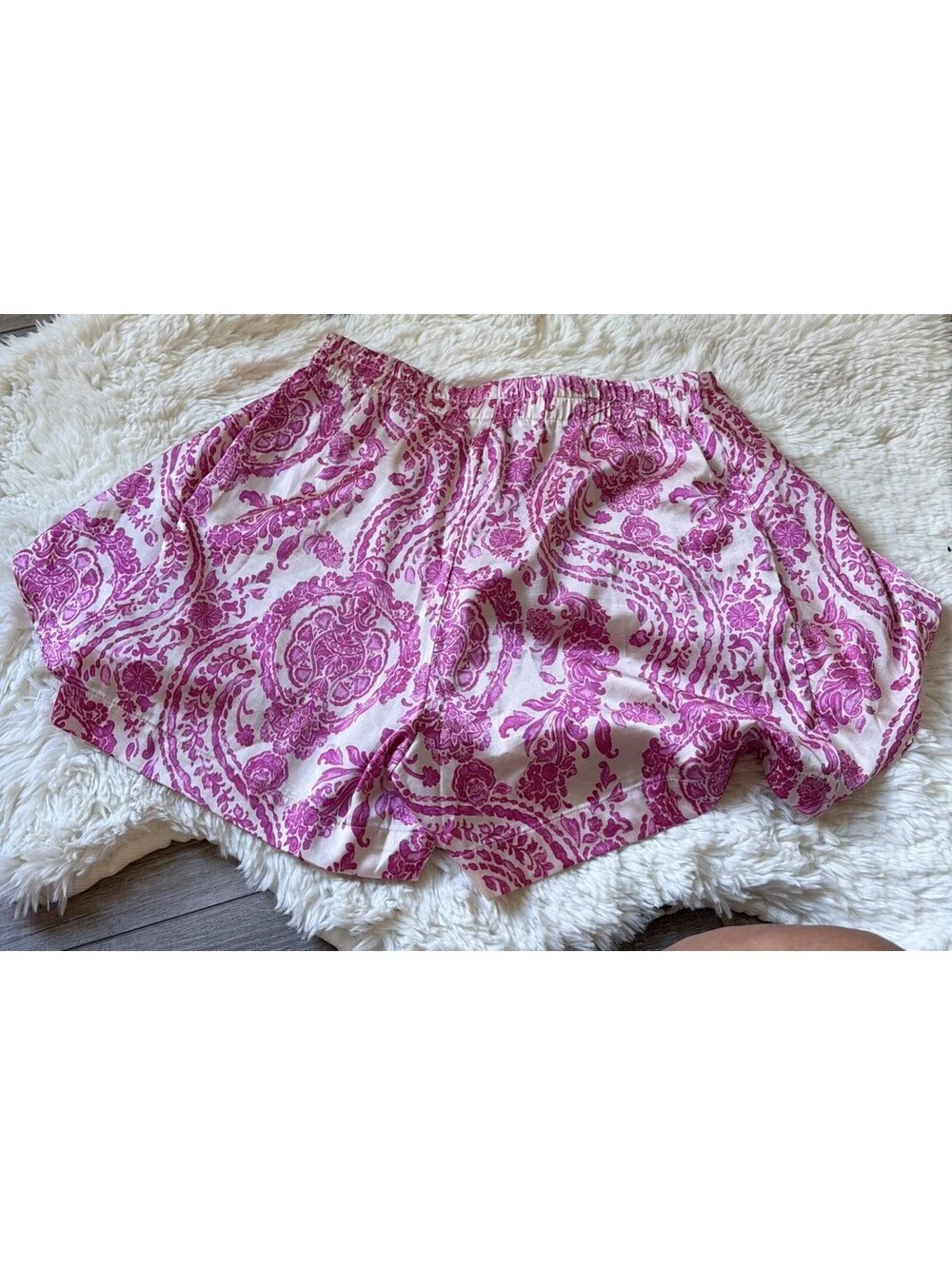 Lulus Satin Ivory Magenta Satin High-Waisted Boho Print Tie-Front Shorts X-Small